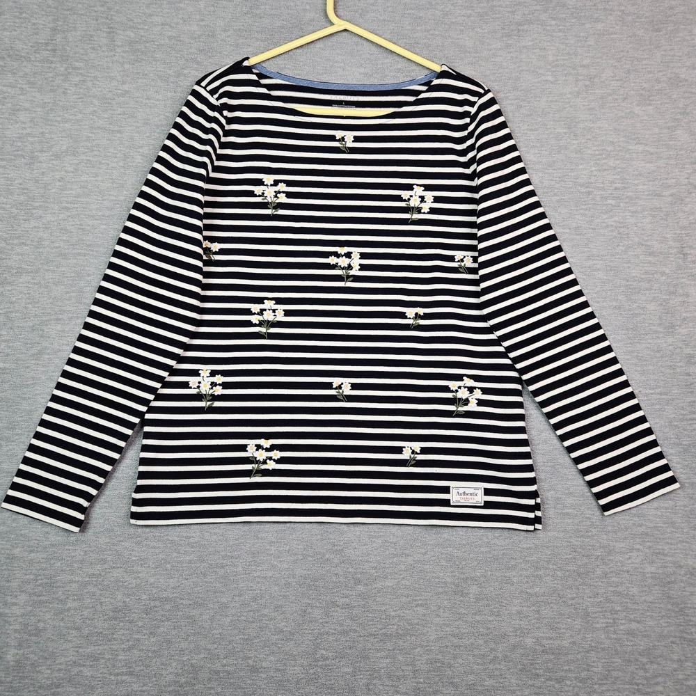 Talbots Authentic Navy White Striped Daisy Embroidered Cotton Top Sz Large